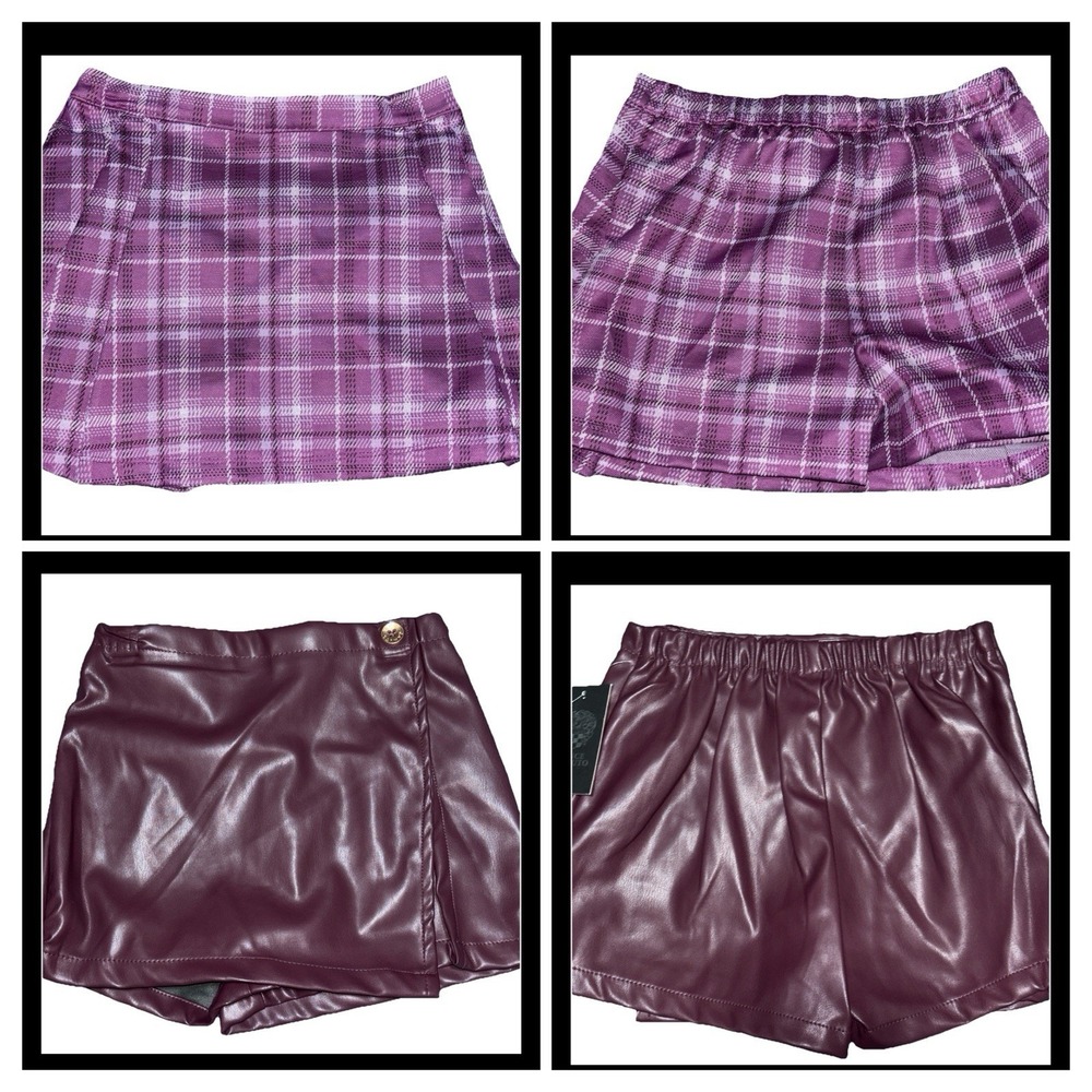 Vince Camuto 2 Girls Skirt Set Sz 7 Pleated Purple Plaid & Plum Faux Leather NEW